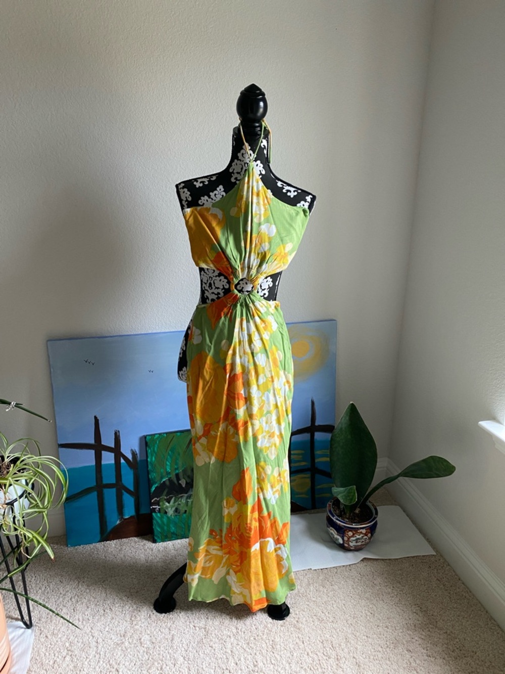 Green & Orange Floral Halter Maxi Dress